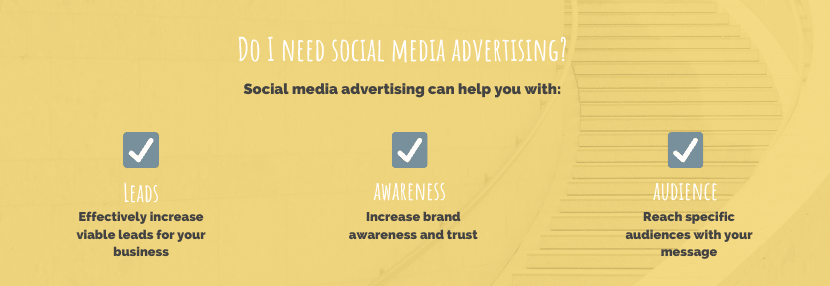 Do I need social media advertising? Social media advertising can help you with: leads, awareness, audience.