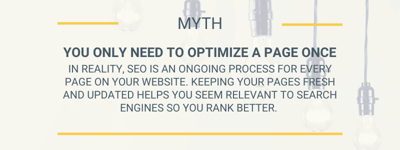 Myth you only need to optimize a page once.In reality, SEO is an ongoing process for every page on your website. Keeping your pages fresh and updated helps you seem relevant to search engines so you rank better.