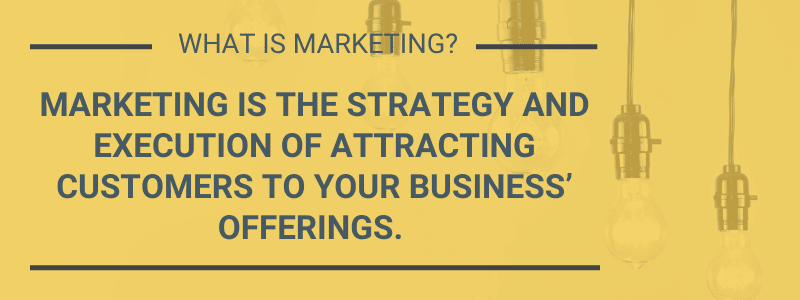 What is marketing? Marketing is the strategy and execution of attracting customers to your business' offerings.
