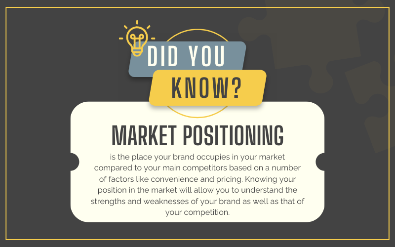 Market positioning is the place your brand occupies in your market compared to your main competitors based on a number of factors like convenience and pricing.